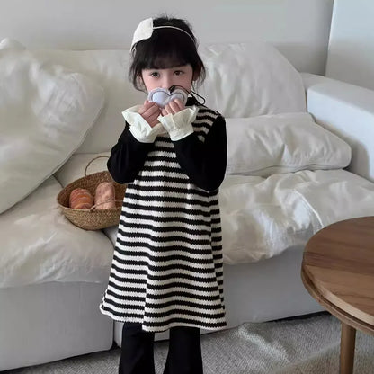 長袖セットアップ キッズトップス/ワンピース フリル袖長袖ハイネックカットソーTシャツ/ノースリーブボーダーニットワンピース【mh0007317】