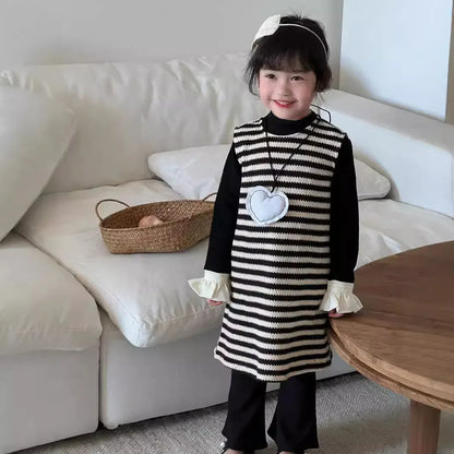 長袖セットアップ キッズトップス/ワンピース フリル袖長袖ハイネックカットソーTシャツ/ノースリーブボーダーニットワンピース【mh0007317】