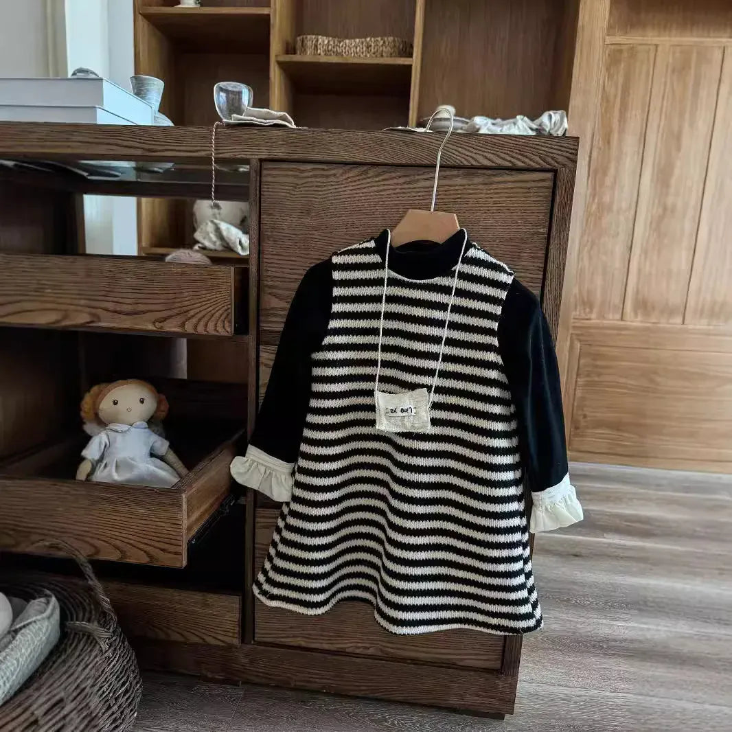 長袖セットアップ キッズトップス/ワンピース フリル袖長袖ハイネックカットソーTシャツ/ノースリーブボーダーニットワンピース【mh0007317】