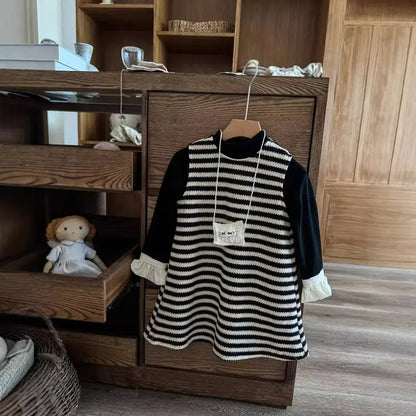 長袖セットアップ キッズトップス/ワンピース フリル袖長袖ハイネックカットソーTシャツ/ノースリーブボーダーニットワンピース【mh0007317】