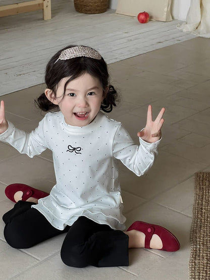 長袖セットアップ リボンドット裾フリル長袖Tシャツ/フレアロングパンツ【mh0010706】