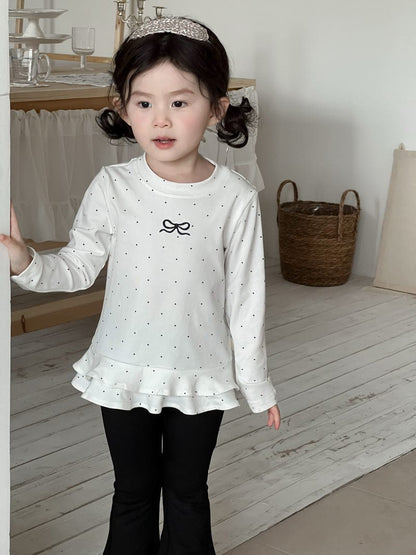 長袖セットアップ リボンドット裾フリル長袖Tシャツ/フレアロングパンツ【mh0010706】