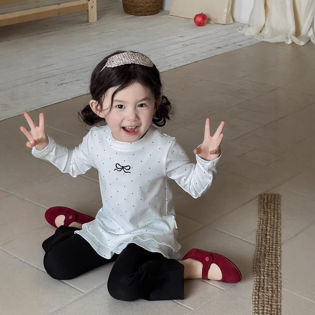 長袖セットアップ リボンドット裾フリル長袖Tシャツ/フレアロングパンツ【mh0010706】