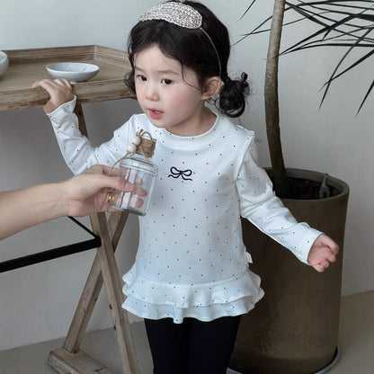 長袖セットアップ リボンドット裾フリル長袖Tシャツ/フレアロングパンツ【mh0010706】