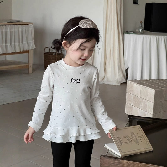 長袖セットアップ リボンドット裾フリル長袖Tシャツ/フレアロングパンツ【mh0010706】