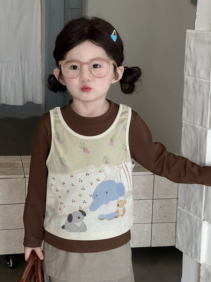 ベスト 犬アニマルプリントノースリーブベスト+長袖Tシャツ【mh0010711】