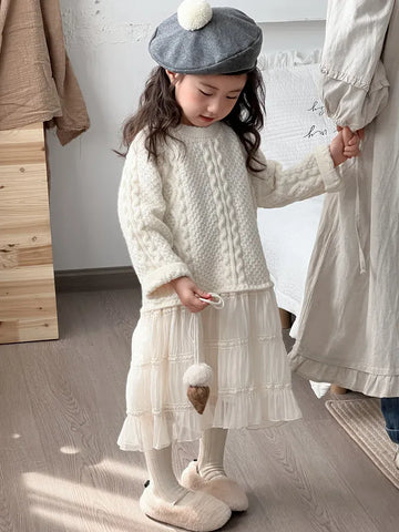 長袖ワンピース White / 24M  90CM キッズワンピース アランニットケーブル編みセータードッキングレーススカートワンピース【mh0008145】