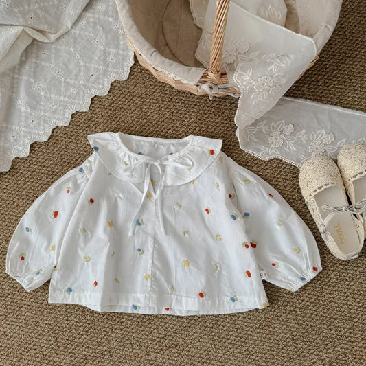長袖シャツ・ブラウス white / 2T-90 キッズトップス カラフルフラワー刺繍襟付き長袖パフスリーブチュニックブラウス【mh-0008869】