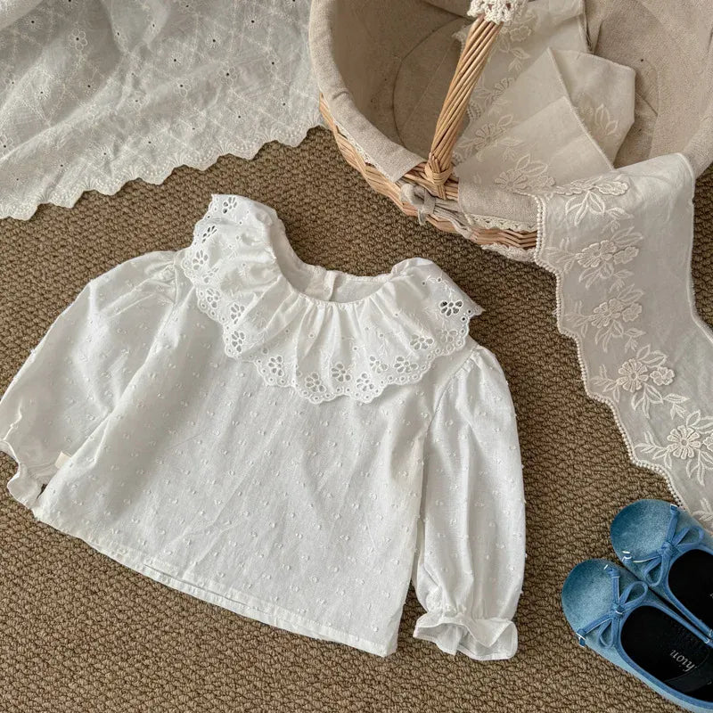 長袖シャツ・ブラウス White / 2T-90 キッズトップス レースラッフル襟長袖チュニックブラウス【mh0008867】