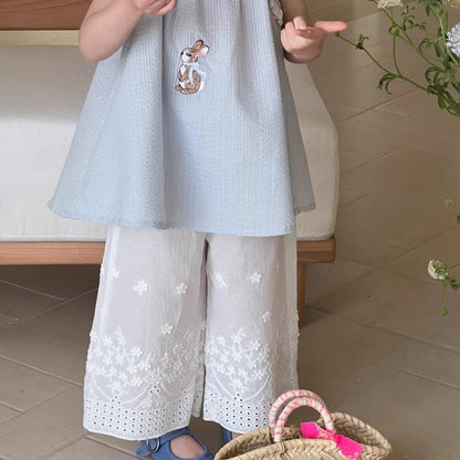 ロングパンツ・スウェットパンツ White / 90cm フラワー刺繍ワイドルーズイージーパンツ【mh0009732】