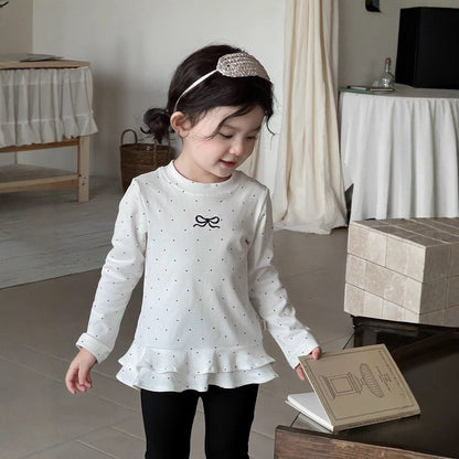 長袖セットアップ White top / 90cm リボンドット裾フリル長袖Tシャツ/フレアロングパンツ【mh0010706】