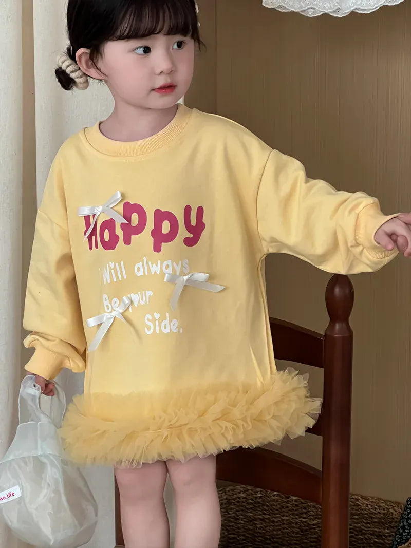 長袖ワンピース yellow / 2T (90) キッズワンピース レターロゴプリントリボン裾チュールフリル長袖スウェットワンピース【mh0008866】