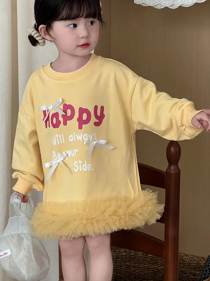 長袖ワンピース yellow / 2T (90) キッズワンピース レターロゴプリントリボン裾チュールフリル長袖スウェットワンピース【mh0008866】