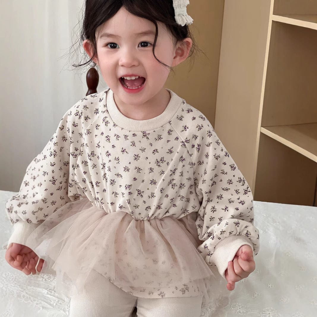 長袖Tシャツ Beige / 90cm ベビートップス チュチュチュールスカートドッキングフラワープリント長袖Tシャツ【mh0009102】