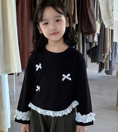 長袖Tシャツ Black / 90cm 1-2y キッズトップス リボン裾袖フリル長袖Tシャツ 2カラー【mh0007320】