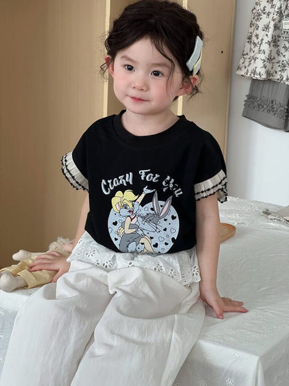 半袖Tシャツ Black / 90cm 袖口レースフリルプリント半袖Tシャツ【mh0009731】