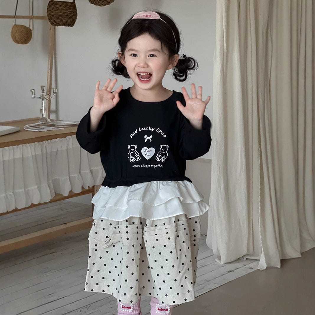 長袖Tシャツ Black / 90cm ベアくまハートプリントペプラムフリル長袖Tシャツ【mh0010697】