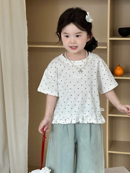 半袖Tシャツ Cream / 90cm 水玉半袖裾フリルTシャツ【mh0009736】