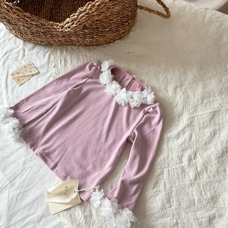 長袖Tシャツ Pink / 90cm シフォンフラワー長袖ガーリーTシャツ【mh0010709】