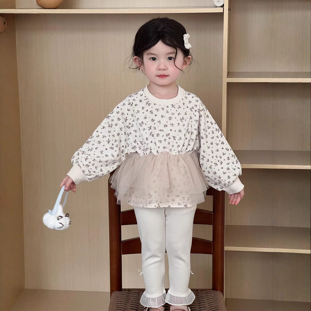 長袖Tシャツ ベビートップス チュチュチュールスカートドッキングフラワープリント長袖Tシャツ【mh0009102】