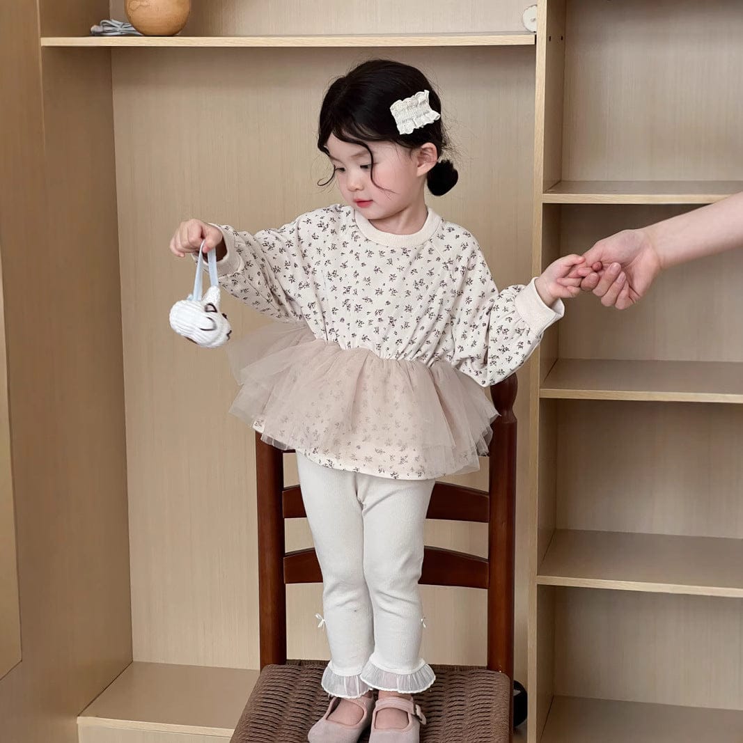 長袖Tシャツ ベビートップス チュチュチュールスカートドッキングフラワープリント長袖Tシャツ【mh0009102】