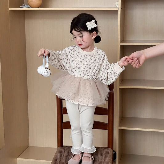 長袖Tシャツ ベビートップス チュチュチュールスカートドッキングフラワープリント長袖Tシャツ【mh0009102】