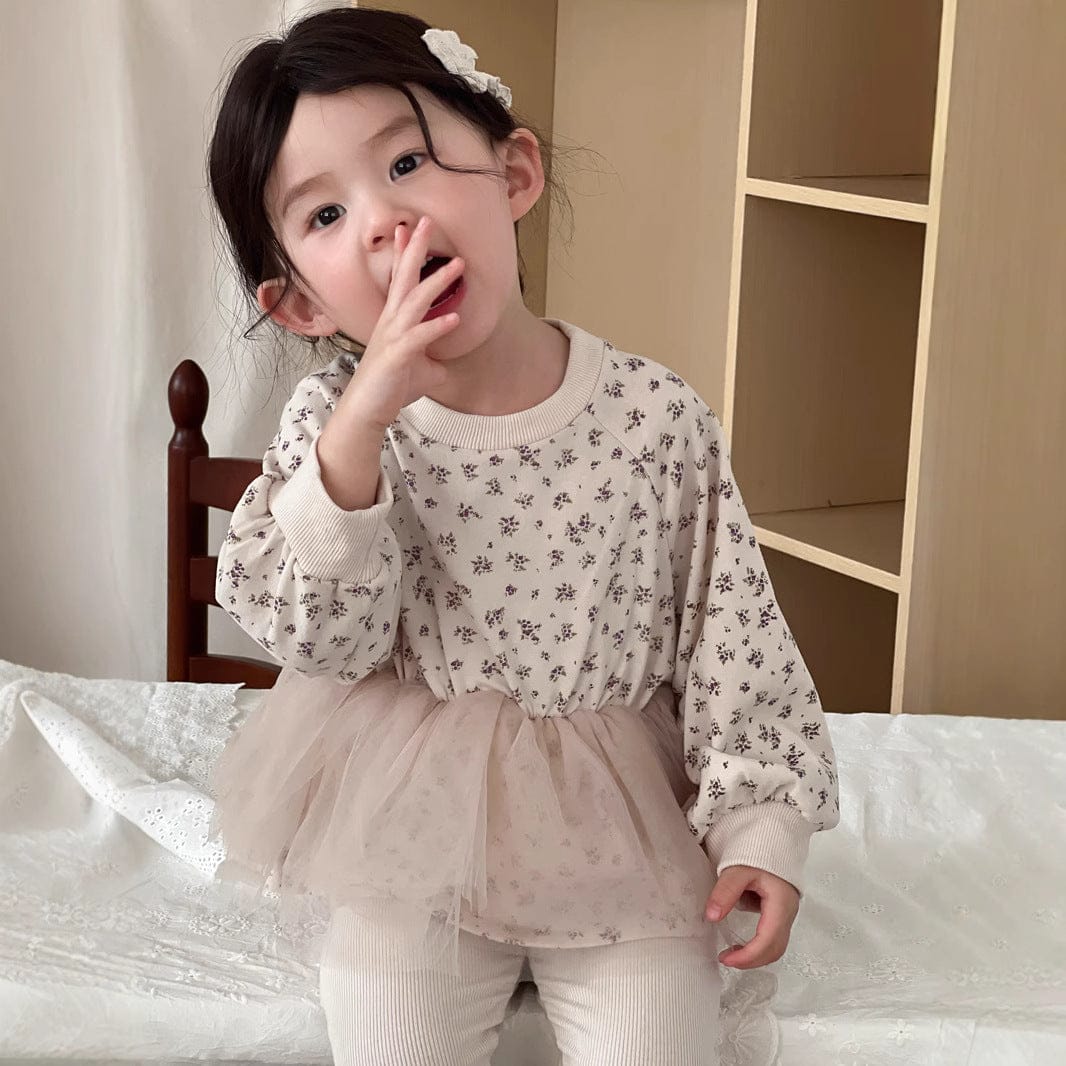 長袖Tシャツ ベビートップス チュチュチュールスカートドッキングフラワープリント長袖Tシャツ【mh0009102】