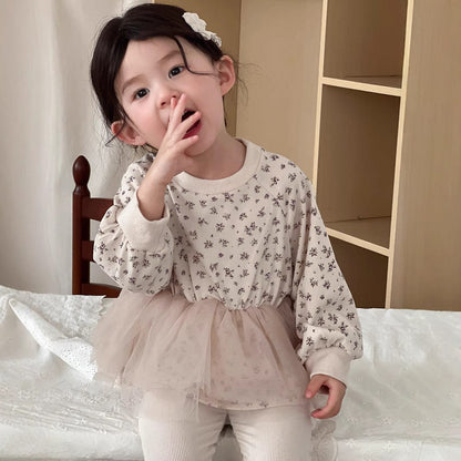 長袖Tシャツ ベビートップス チュチュチュールスカートドッキングフラワープリント長袖Tシャツ【mh0009102】