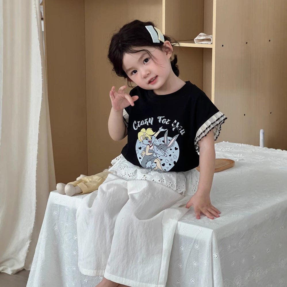 半袖Tシャツ 袖口レースフリルプリント半袖Tシャツ【mh0009731】