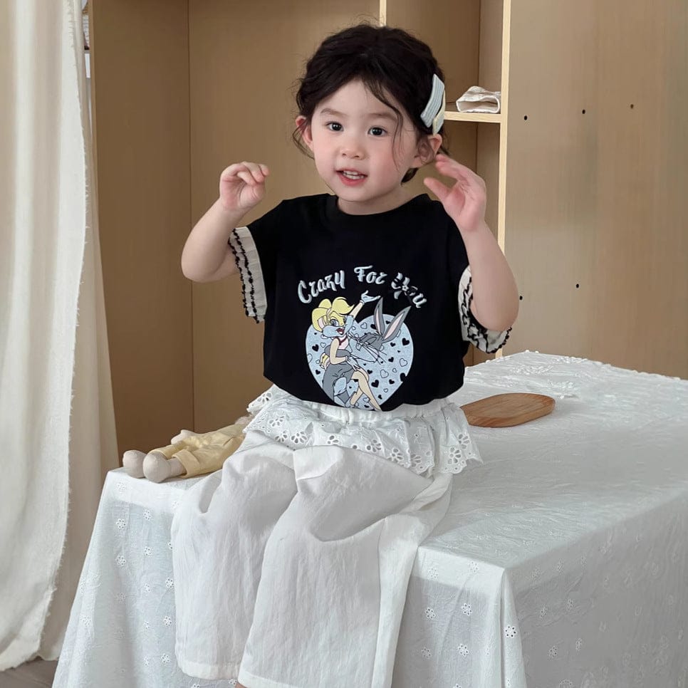 半袖Tシャツ 袖口レースフリルプリント半袖Tシャツ【mh0009731】