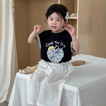 半袖Tシャツ 袖口レースフリルプリント半袖Tシャツ【mh0009731】