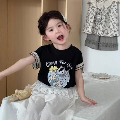 半袖Tシャツ 袖口レースフリルプリント半袖Tシャツ【mh0009731】