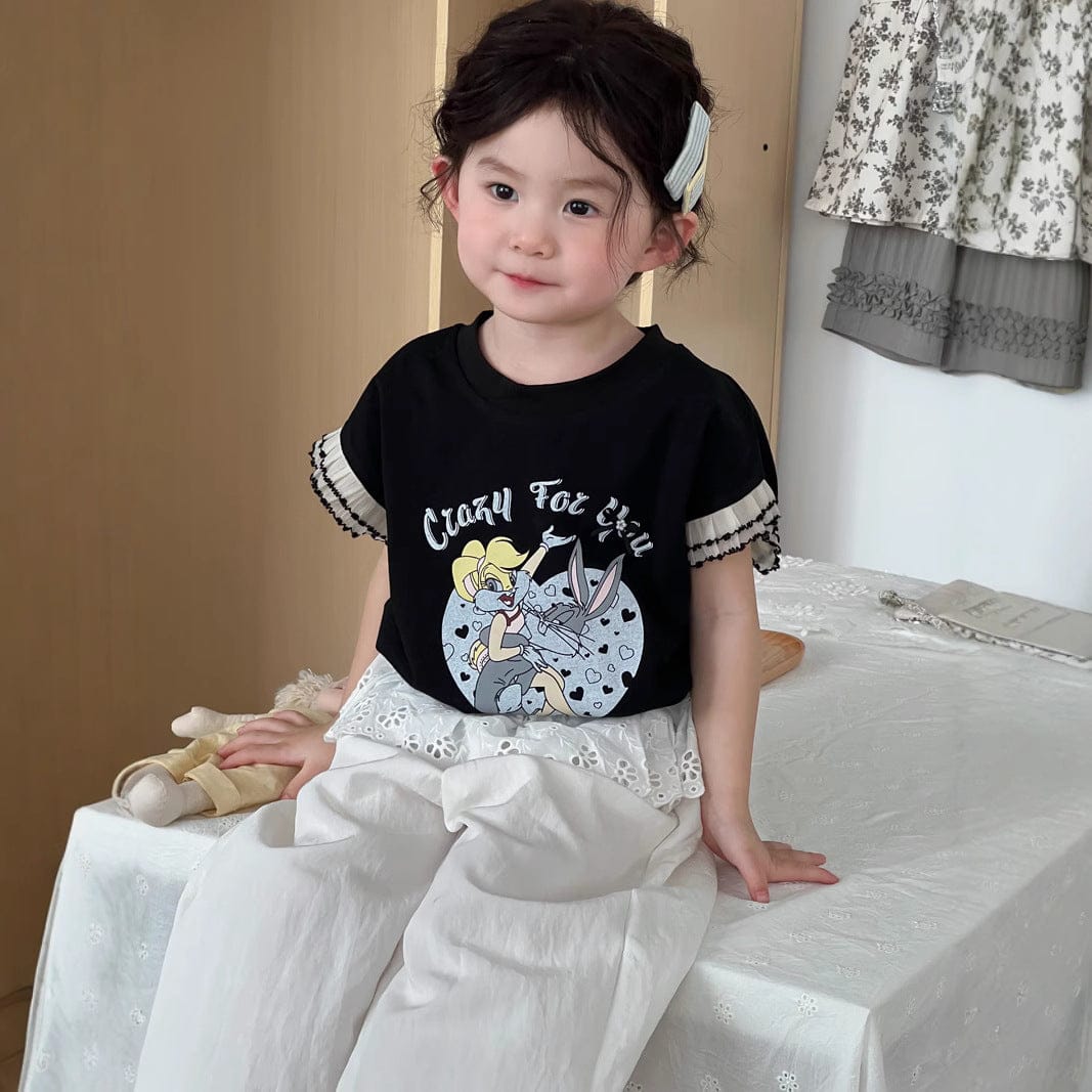 半袖Tシャツ 袖口レースフリルプリント半袖Tシャツ【mh0009731】