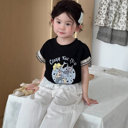 半袖Tシャツ 袖口レースフリルプリント半袖Tシャツ【mh0009731】