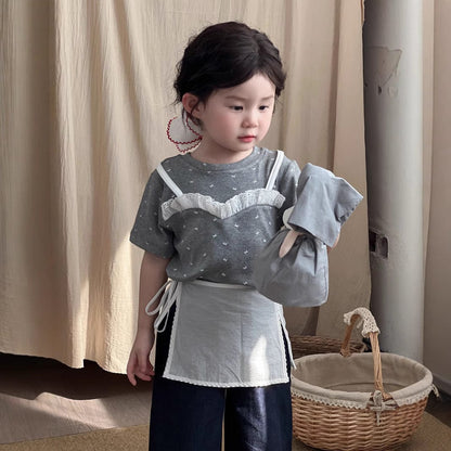 半袖Tシャツ リボンプリントキャミソールドッキング半袖Tシャツ【mh0009741】