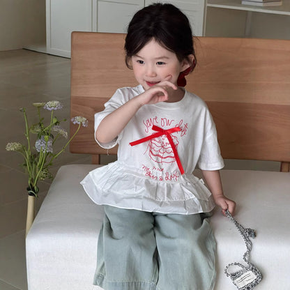 半袖Tシャツ ケーキ刺繍リボンペプラムフリル半袖Tシャツ【mh0009745】
