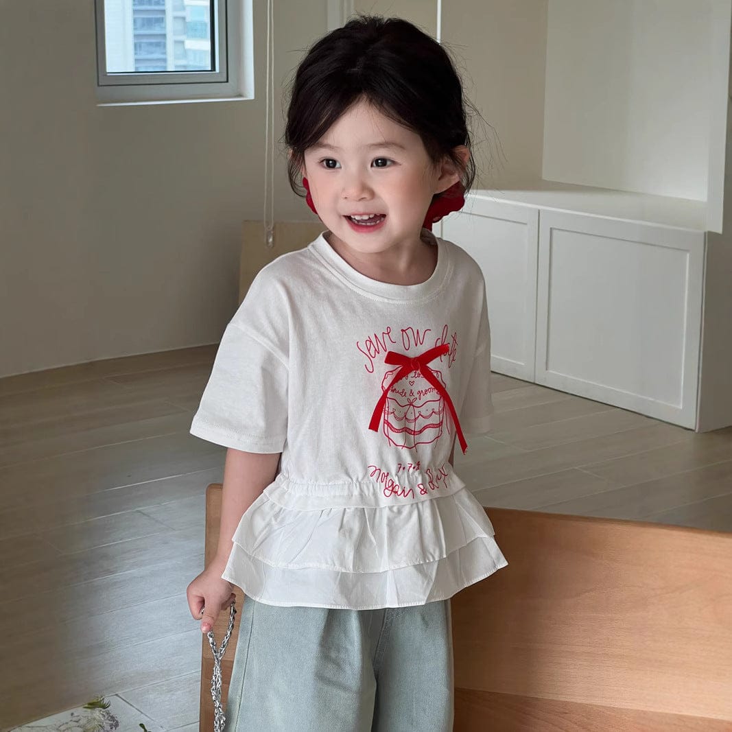 半袖Tシャツ ケーキ刺繍リボンペプラムフリル半袖Tシャツ【mh0009745】