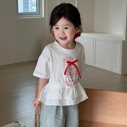 半袖Tシャツ ケーキ刺繍リボンペプラムフリル半袖Tシャツ【mh0009745】