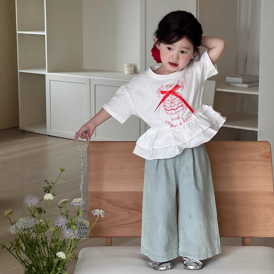 半袖Tシャツ ケーキ刺繍リボンペプラムフリル半袖Tシャツ【mh0009745】