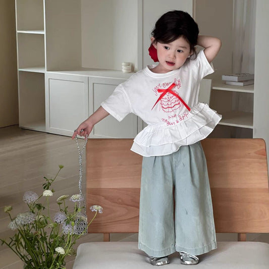 半袖Tシャツ ケーキ刺繍リボンペプラムフリル半袖Tシャツ【mh0009745】