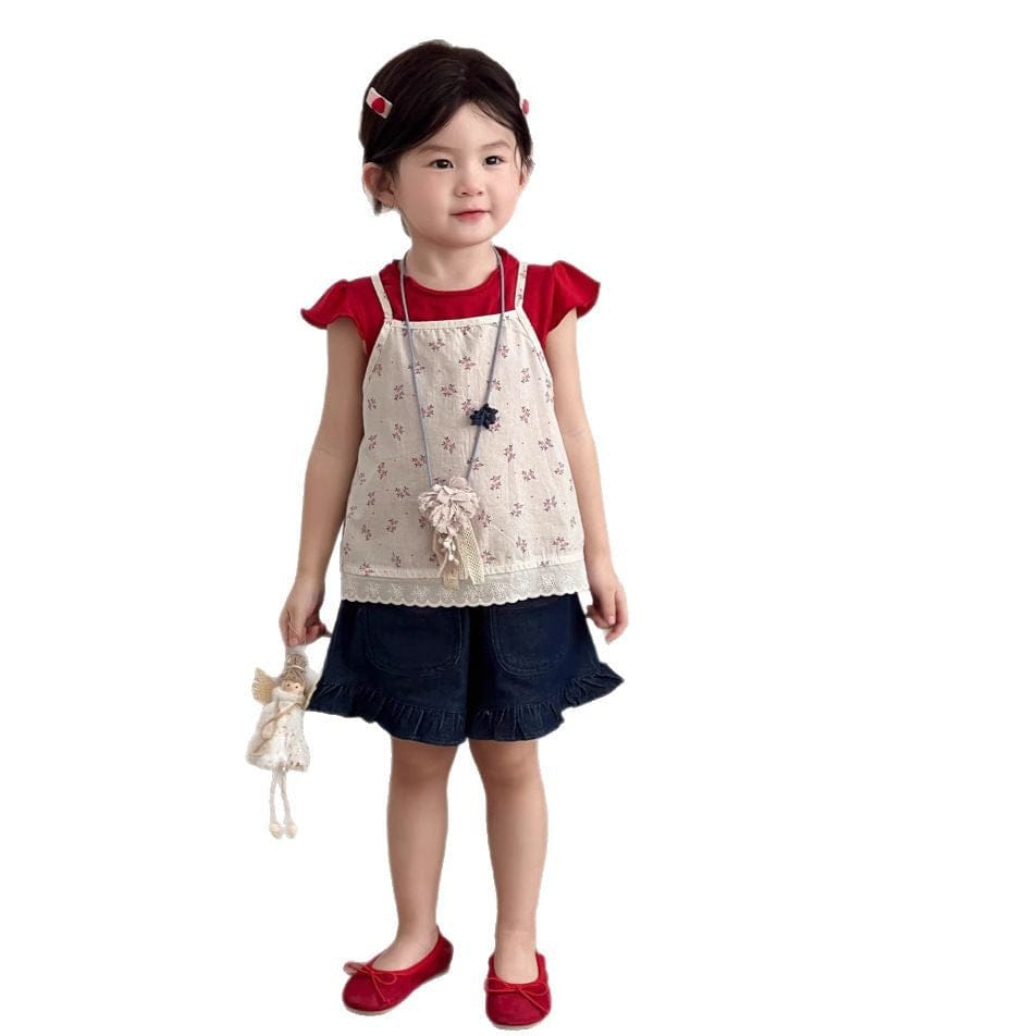 半袖Tシャツ フラワープリントキャミソールベスト/フリル半袖Tシャツ【mh0009746】