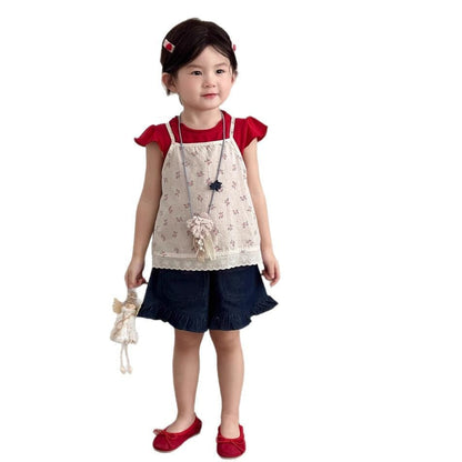 半袖Tシャツ フラワープリントキャミソールベスト/フリル半袖Tシャツ【mh0009746】