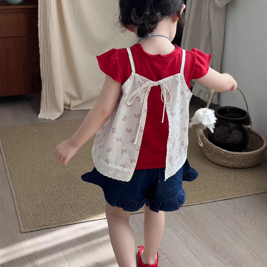 半袖Tシャツ フラワープリントキャミソールベスト/フリル半袖Tシャツ【mh0009746】