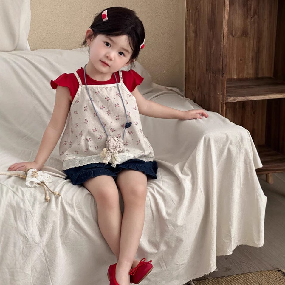 半袖Tシャツ フラワープリントキャミソールベスト/フリル半袖Tシャツ【mh0009746】