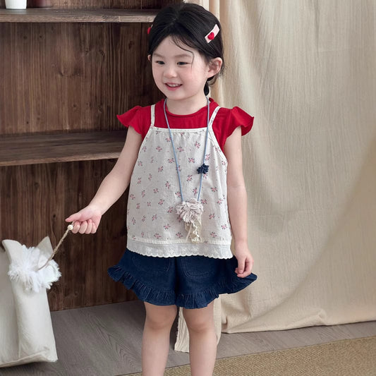 半袖Tシャツ フラワープリントキャミソールベスト/フリル半袖Tシャツ【mh0009746】