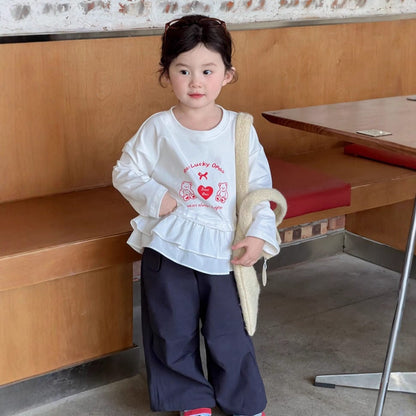 長袖Tシャツ ベアくまハートプリントペプラムフリル長袖Tシャツ【mh0010697】