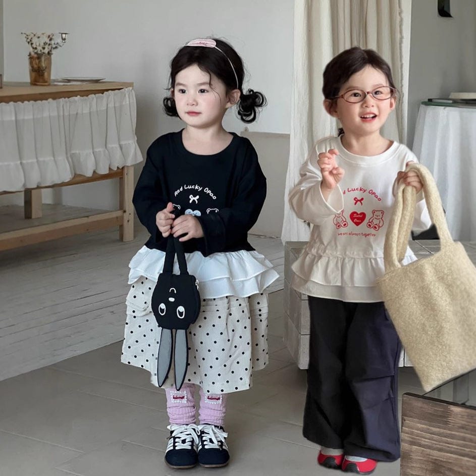 長袖Tシャツ ベアくまハートプリントペプラムフリル長袖Tシャツ【mh0010697】