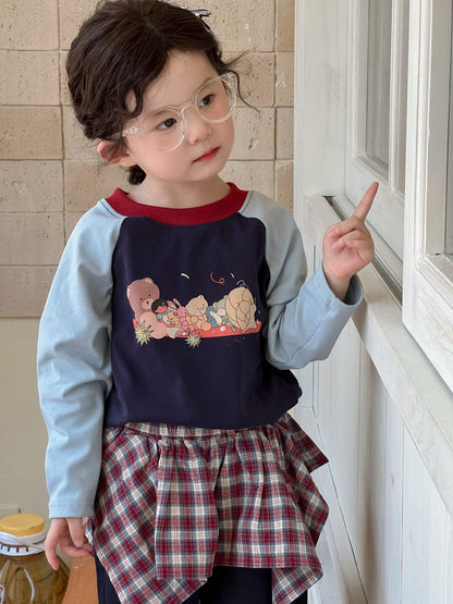 長袖Tシャツ ベアくまプリントパッチワークラグラン長袖Tシャツ【mh0010702】