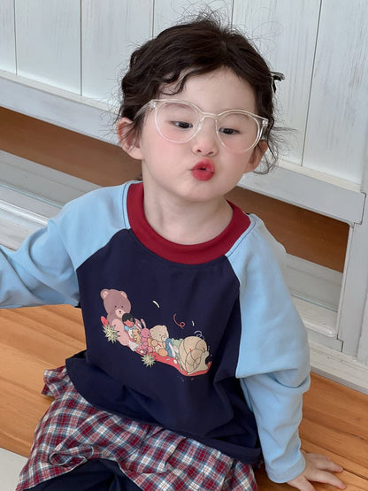 長袖Tシャツ ベアくまプリントパッチワークラグラン長袖Tシャツ【mh0010702】