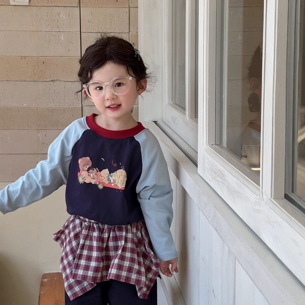 長袖Tシャツ ベアくまプリントパッチワークラグラン長袖Tシャツ【mh0010702】